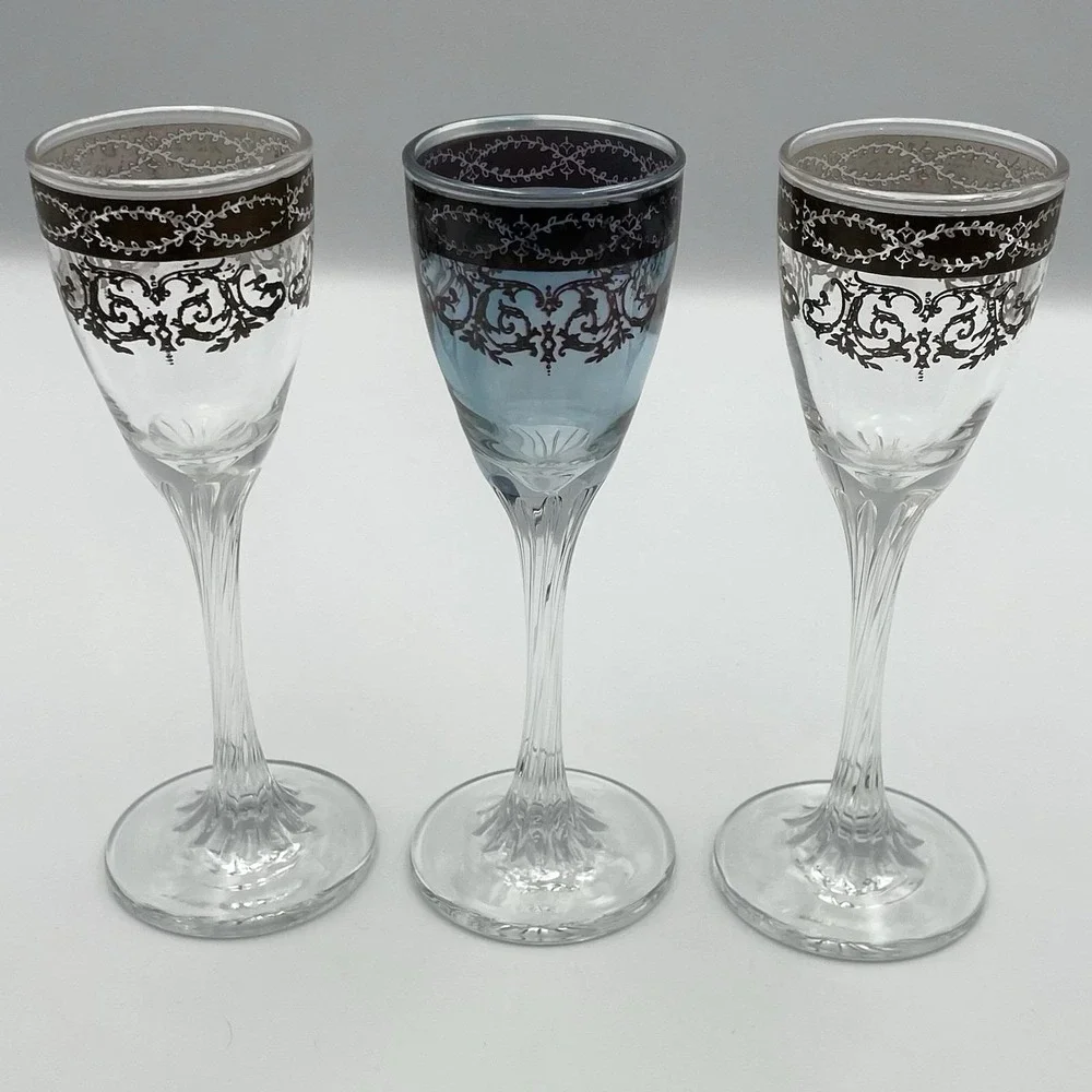 Vintage 1960s Italian Platinum Overlay Cordial Liquor Glasses Set of 3 Decorated